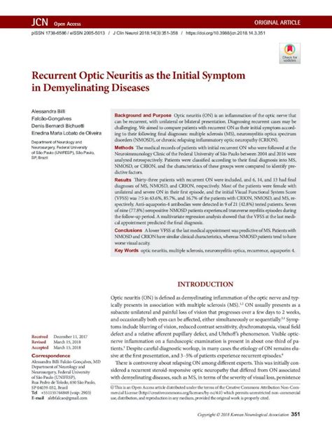 PDF Recurrent Optic Neuritis As The Initial Symptom In Optic