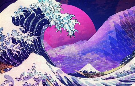 Wallpaper purple, aeshtetic, vaporwave, kanagawa great wave, the great ...