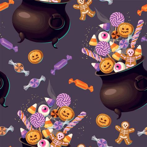 Sweets Candies And Colorful Lollipops In Cauldron Halloween Seamless