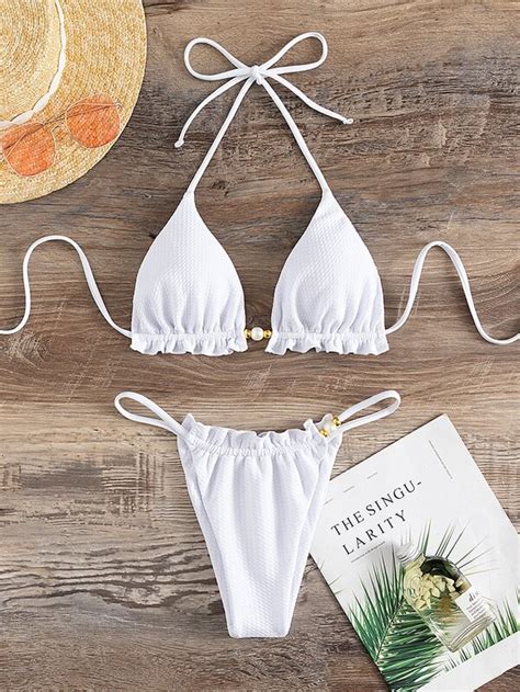 Bikini Triangulaire Ras Du Cou Fausse Perle Plis Mode En Ligne