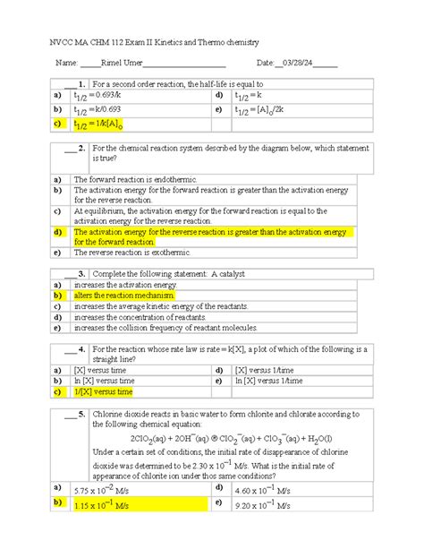 Final Chem Exam Nvcc Ma Chm Exam Ii Kinetics And Thermo