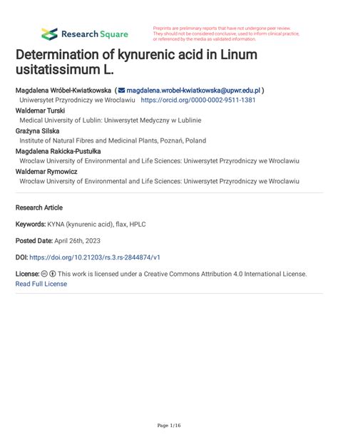 PDF Determination Of Kynurenic Acid In Linum Usitatissimum L