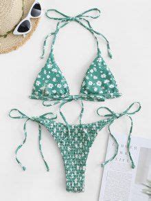 ZAFUL Ditsy Print Smocked String Bikini Swimwear In LIGHT GREEN ZAFUL