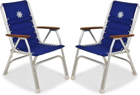 Forma Marine Boat Chairs High Back Blue Deck Folding Marine Aluminum Teak Furniture Set Of 2