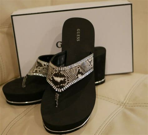 New Womens Guess Black Snake Wedge Flip Flops Sarry Rhinestones Sizes