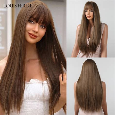 LOUIS FERRE Brown Straight Synthetic Wigs With Bangs Long Brown Wig For