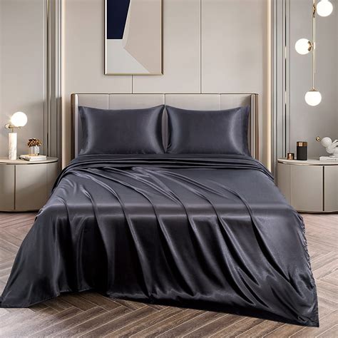 Vonty Satin Sheets King Size Silky Soft Satin Bed Sheets Black Satin