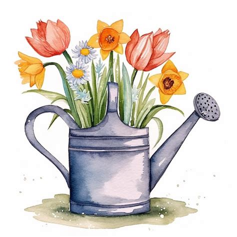 Premium Photo A Watercolor Painting Of A Watering Can With Flowers