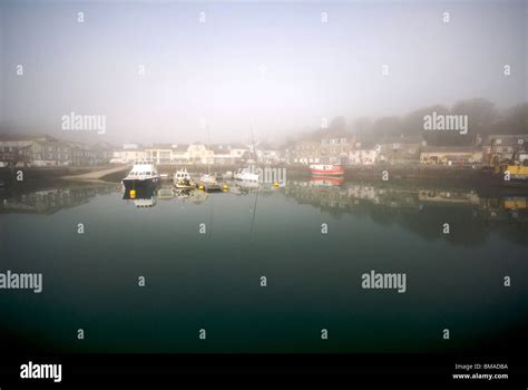 Padstow Cornwall Uk Harbor Harbour Quay Marina Mist Fishing Boats Stock