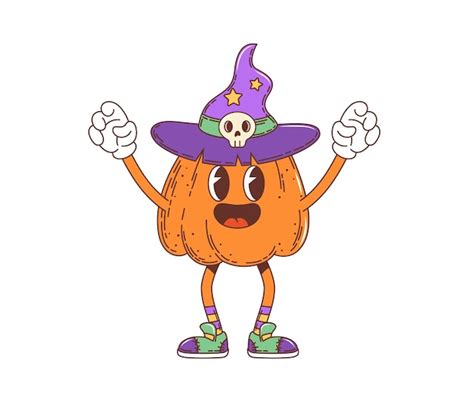 Premium Vector Cartoon Retro Groovy Halloween Pumpkin Character