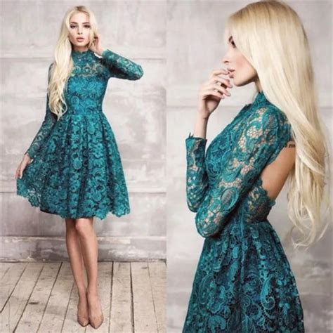 High Neck Backless Lace Short Prom Dress A Line Long Sleeve Prom Dresses In Prom Dresses From