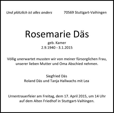 Traueranzeigen Von Rosemarie D S Stuttgart Gedenkt De