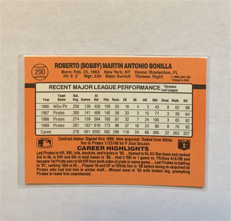 1990 Donruss Bobby Bonilla 290 VERY RARE ERROR Card No Dot After Inc