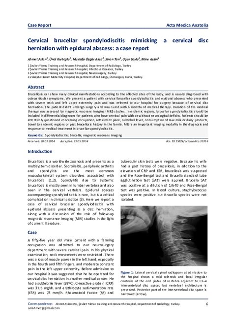 Pdf Cervical Brucellar Spondylodiscitis Mimicking A Cervical Disc