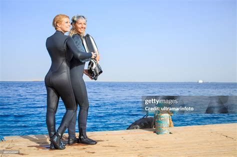 Water Sports Team Pretty Scuba Diver Two Attractive Vital Mature Women Ready To Go Scuba Diving