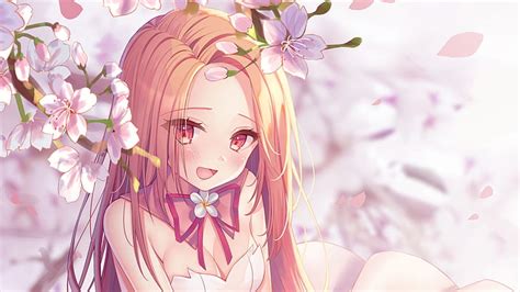 Hd Wallpaper Anime Original Blonde Cherry Blossom Long Hair Red