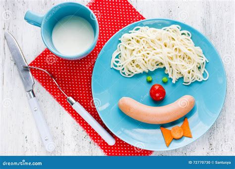 Dinner Or Breakfast For Kids Spaghetti With Sausage And Vegetables In