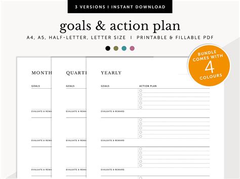 Goals and Action Plan, Yearly Goals, Quarterly Goals, Monthly Goals, Goals With Reward, Fillable ...