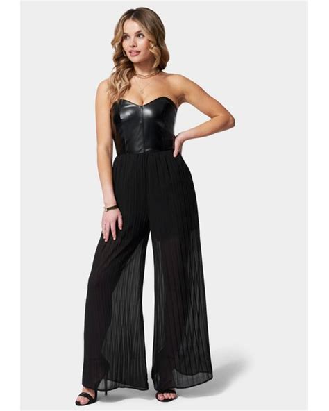 Bebe Bustier Pleated Wide Leg Jumpsuit In Blue Lyst