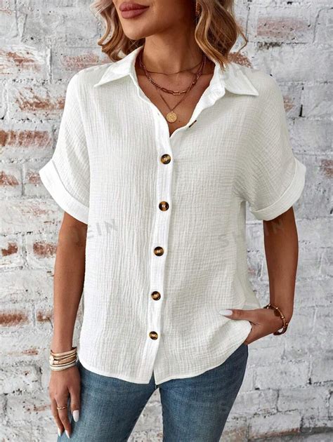 Shein Lune Women S Solid Color Textured Button Front Shirt Shein Usa