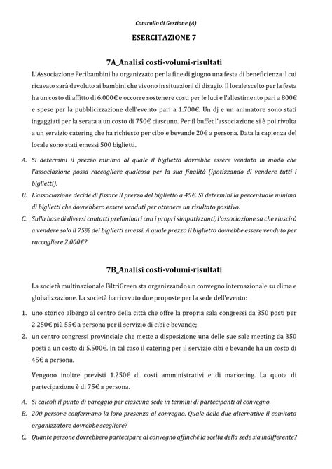 Esercitazione 07-analisi C-V-R con Punto Indifferenza - Controllo di