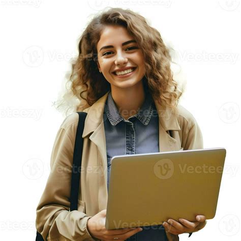 AI generated University student happy smiling holding laptop isolated