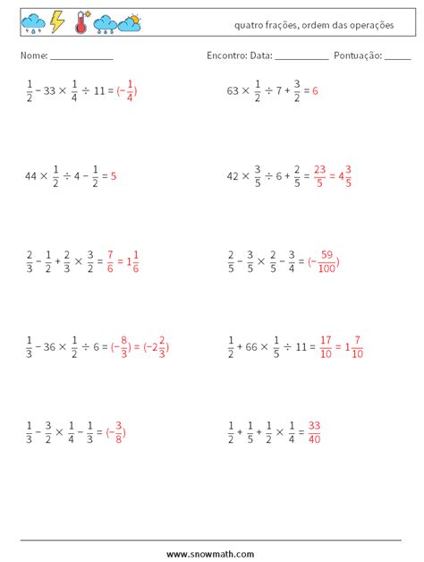 10 Quatro Frações Ordem Das Operações Planilhas Matemáticas