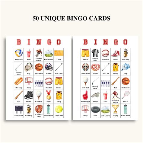 50 Printable Sports Bingo Cards Sports Themed Picture Bingo Birthday Party Games Us Letter 8