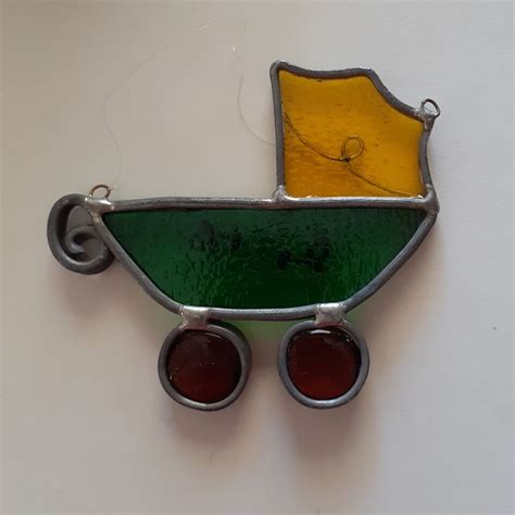 Stained Glass Baby Carriage Green Yellow Red Suncatcher Ornament