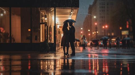 Premium AI Image | A couple standing in the rain under an umbrella