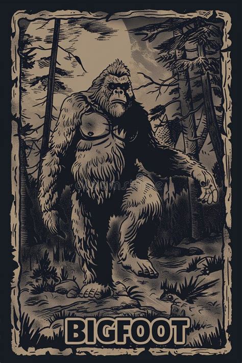 Bigfoot Poster Cryptid Art Sasquatch Card Illustration Stock