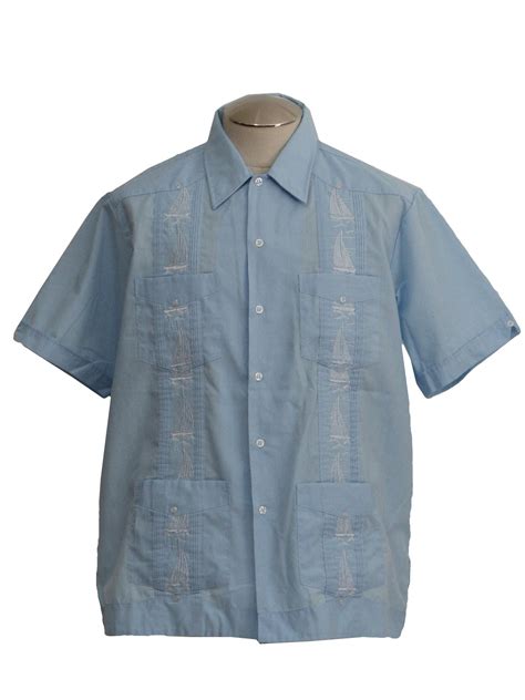 Retro 80s Guayabera Shirt 80s Haband Mens Light Blue Cotton And