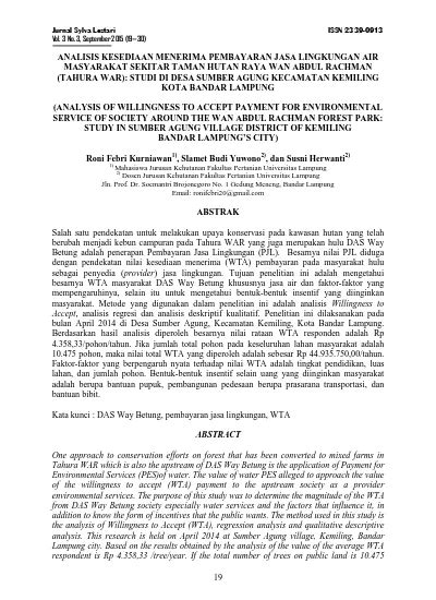 Analisis Kesediaan Menerima Pembayaran Jasa Lingkungan Air Masyarakat
