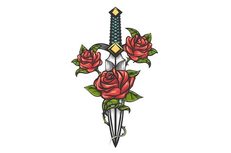 Dagger Knife And Rose Flowers Drawn In Tattoo Style By Olena1983