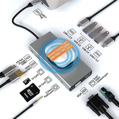 Док-станция SZPACMATE 13 в 1 USB C HUB с беспроводной зарядкой, HDMI 4K ...