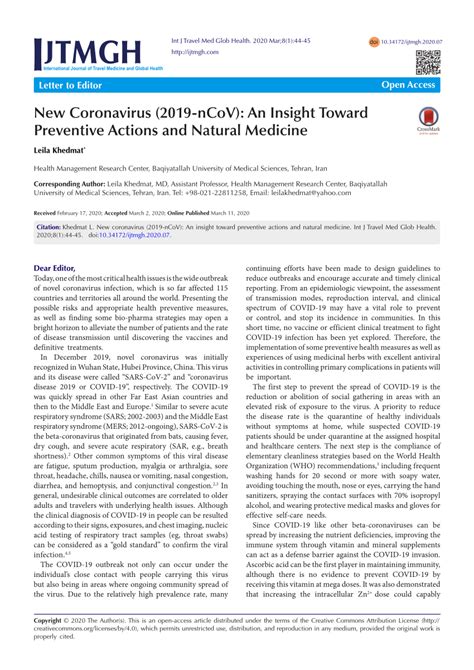 (PDF) New Coronavirus (2019-nCoV): An Insight Toward Preventive Actions ...