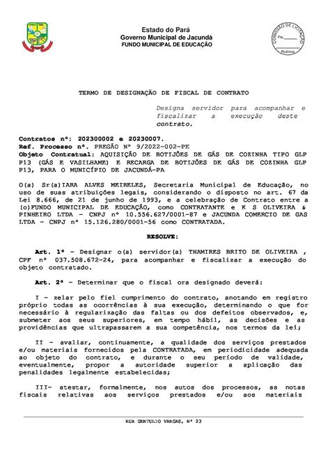 TERMO DE DESIGNAÇÃO DE FISCAL DE CONTRATO FME ass Prefeitura Municipal de Jacundá Gestão
