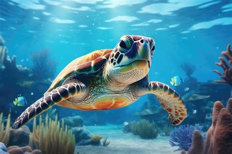 Premium Photo Green Sea Turtle Swimming In The Ocean Underwater World