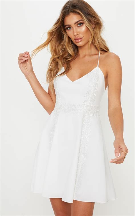 White Lace Trim Plunge Skater Dress Dresses Prettylittlething