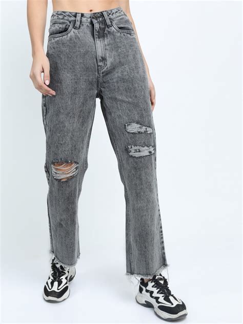 Buy Tokyo Talkies Grey Straight Fit Mildly Distressed Jeans For Women