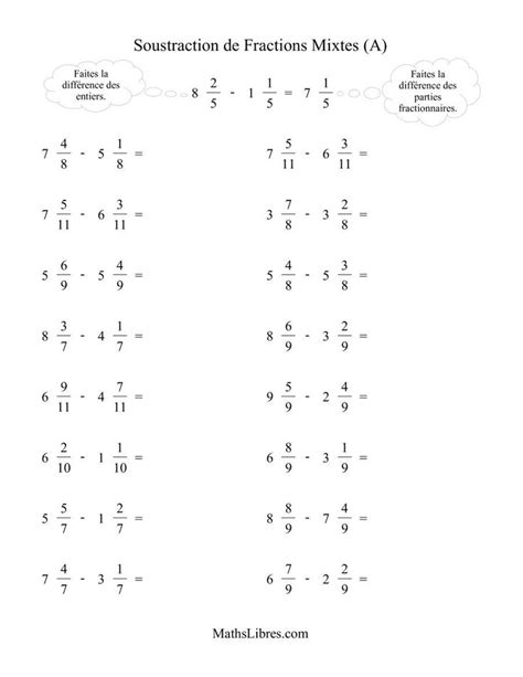 Fiches De Fractions Fractions Exercices Sur Les Fractions Soustraction