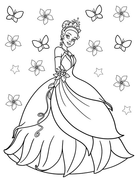 Раскраска - Принцесса и лягушка - Принцесса Тиана в бальном платье ...