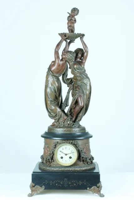 ANCIENNE GRANDE PENDULE Allégorie de l Amour Ange Nymphe Pat Bronze