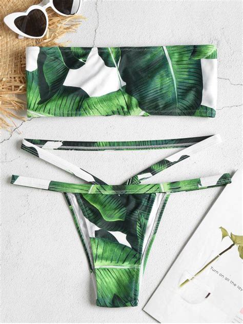 Lace Up Leaf Print Bandeau Bikini Set Deep Green M Bandeau Bikini