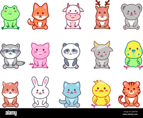 Sitting little animals. Kawaii zoo characters, cute animal with happy ...