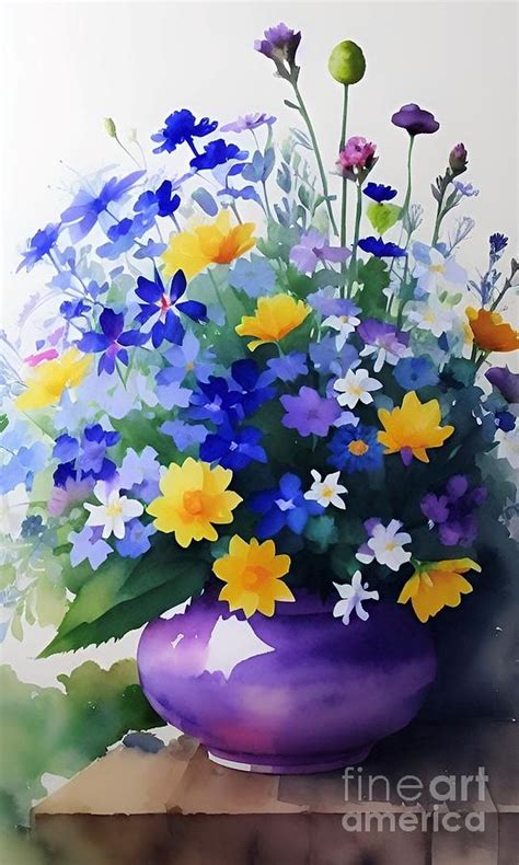 Watercolor Flowers In Purple Vase Digital Art By Julie Kaplan Pixels