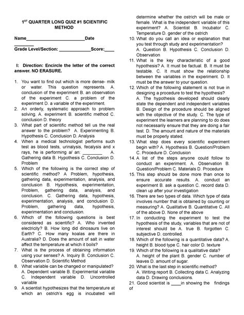 Scientific Method sample quiz - 1 ST QUARTER LONG QUIZ #1 SCIENTIFIC