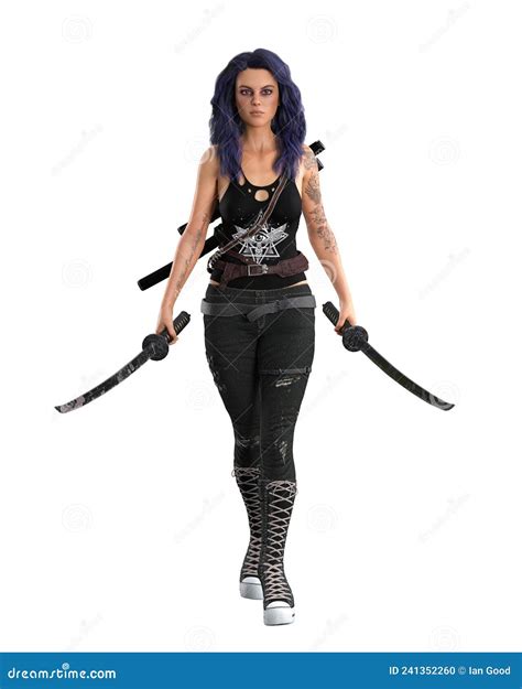 Beautiful Young Woman With Purple Hair Dressed In Urban Fantasy Goth Costume Walking Forwards