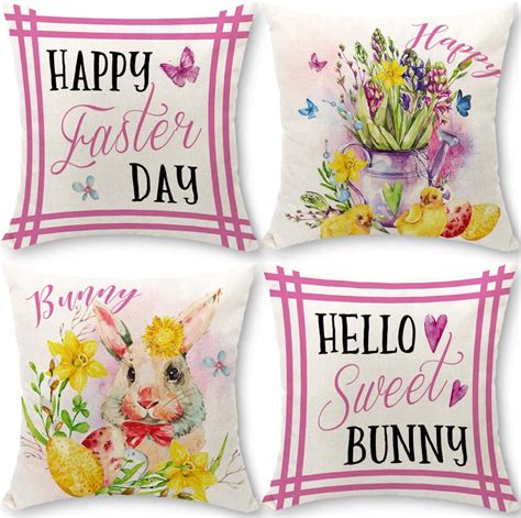 Cirzone Easter Pillow Covers 18x18 Set Of 4 Easter Decor Hello Sweet Bunny Spring