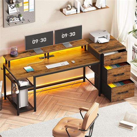 "Afuhokles 59"" Reversible Office Desk with Drawers, LED Lights, Power ...